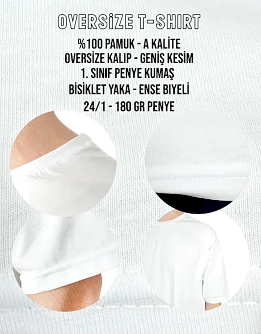 Oversize Bisiklet Yaka Baskılı Tişört Beyaz