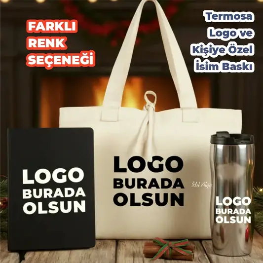 Yılbaşı Ofis Hediye Seti – Logolu Termos, Kanvas Defter &  Bez Çanta