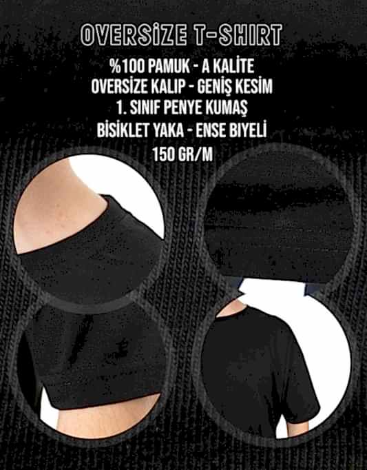 Oversize Bisiklet Yaka Baskılı Tişört Siyah