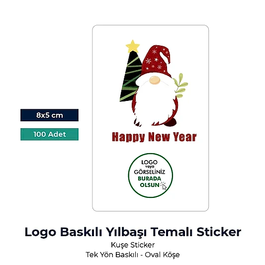 Yılbaşı Kuşe Sticker – 19 Farklı  Tasarım - Özelleştirilebilir - 8x5 cm